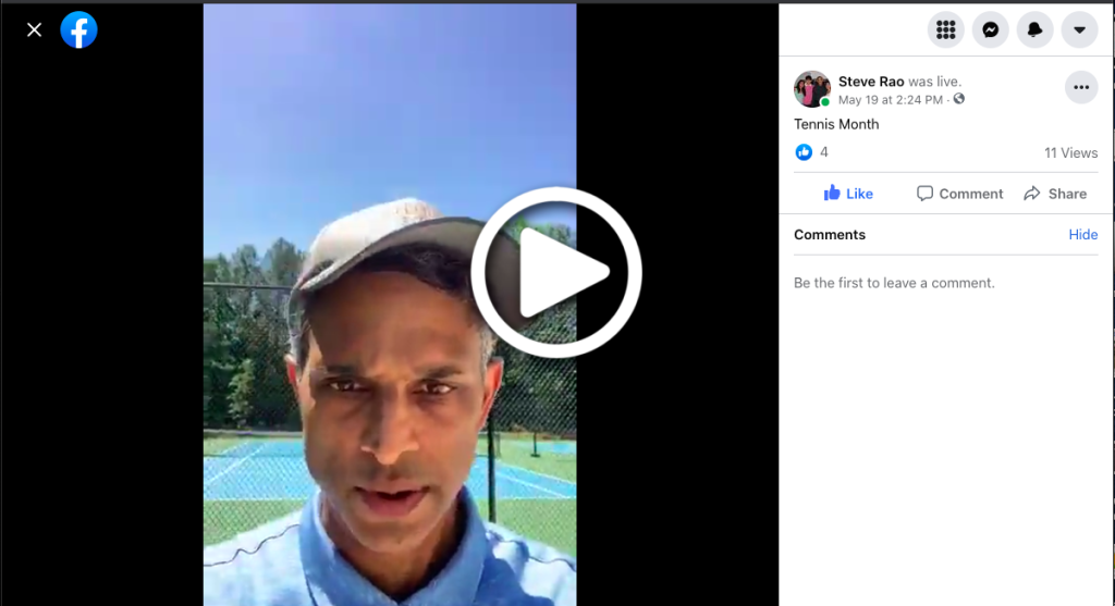 Picture from Steve Rao FaceBook Live - My message on National Tennis Month